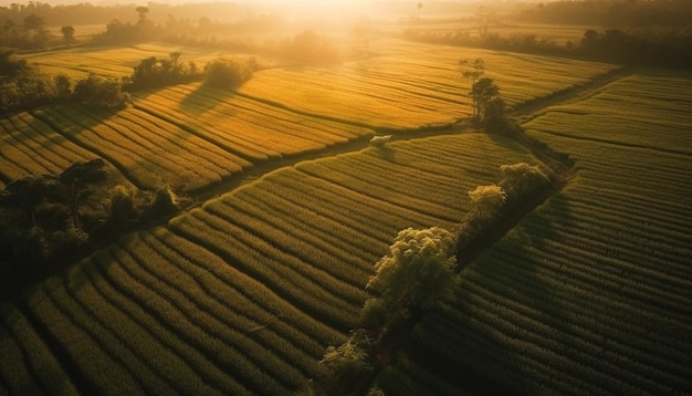 Prado de arroz verde tranquilo, beleza do pôr do sol gerada por ia