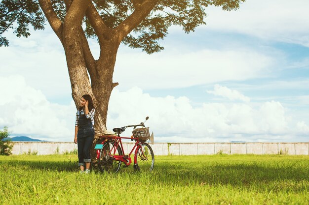 Prado de campo de gramíneas com árvore e bicicleta