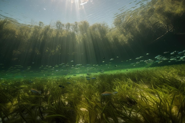 Prado de ervas marinhas com cardumes de peixes nadando entre as folhas criadas com IA generativa