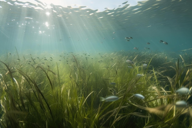Prado de ervas marinhas tropicais com cardumes de peixes nadando entre as plantas criadas com ai generativo