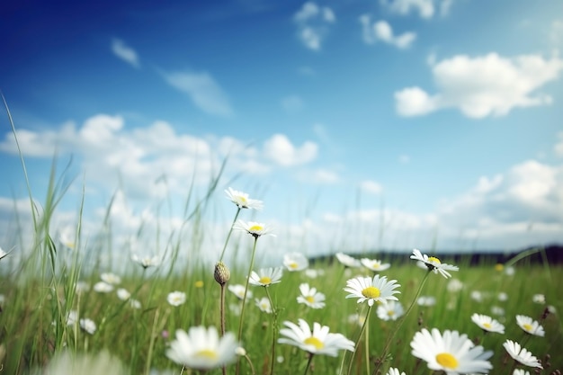 Prado de flores com margaridas à luz do sol em close de fundo de verão Ai gerado