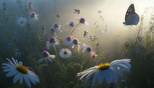 Prado de flores com margaridas e borboleta ao nascer do sol Generative AI