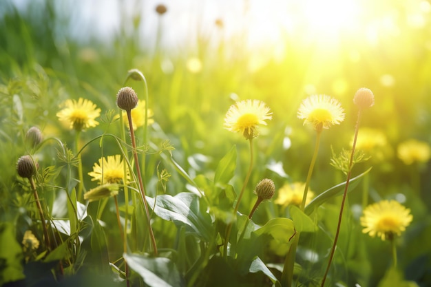 Prado de primavera com dentes-de-leão amarelos Luz solar e reflexo de lente