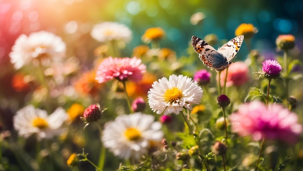 Prado de verão com flores magníficas borboleta