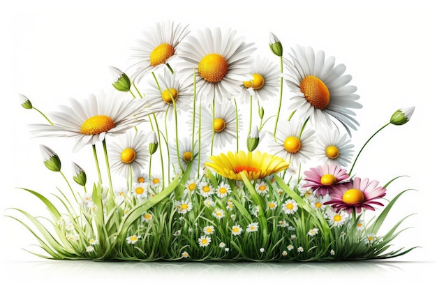 Prado ensolarado de flores na primavera com margaridas florescendo brilhantemente isoladas em fundo branco criado w
