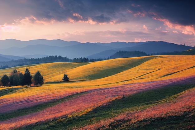 Prado espaçoso com grama e a silhueta das montanhas ao longe