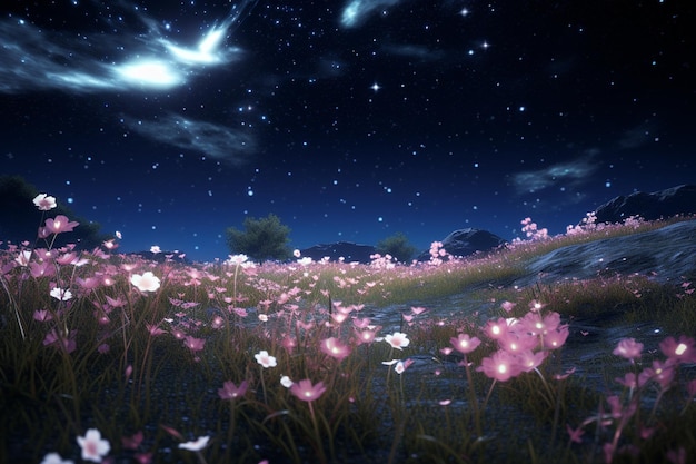 Prado etéreo iluminado pela lua com flores que desabrocham un 00277 02