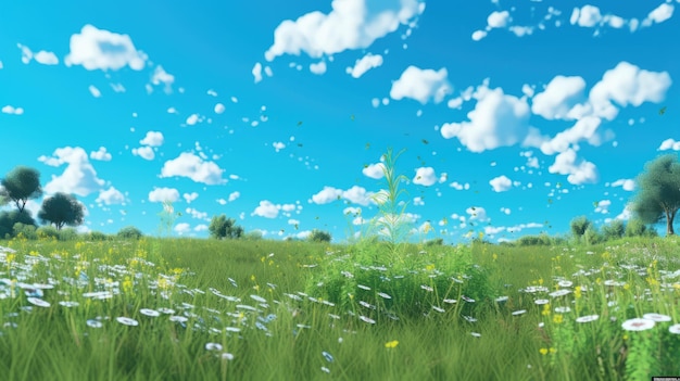 Un prado exuberante bajo un cielo azul sin nubes