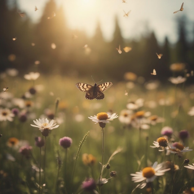 Prado en flor con mariposas que revolotean