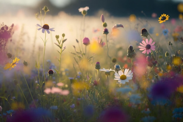 Prado de flores de colores en un día soleado durante la temporada de primavera