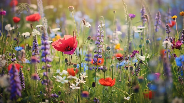 Prado de flores de colores en verano IA generativa