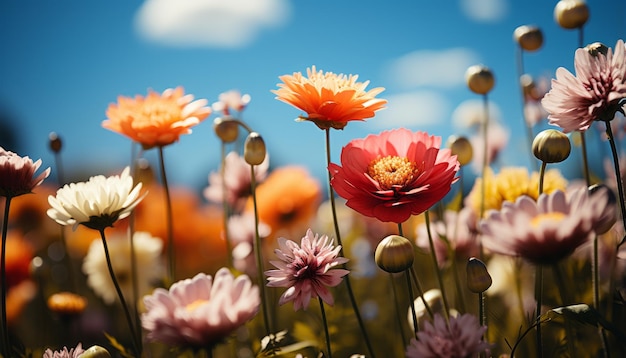 Prado de flores coloridas con rayos de sol y cielo azul y luces bokeh