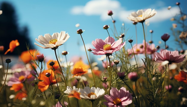 Prado de flores coloridas con rayos de sol y cielo azul y luces bokeh