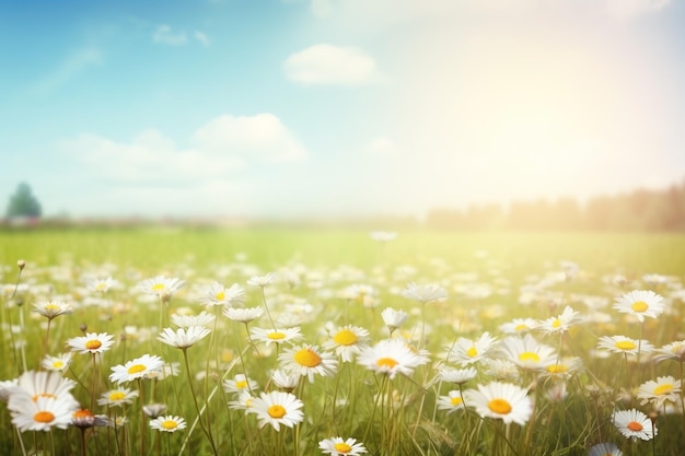 Prado de flores con margaritas en la luz del sol de primer plano fondo de verano generado por Ai