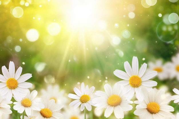 Prado de flores con margaritas en la luz del sol de primer plano fondo de verano generado por Ai