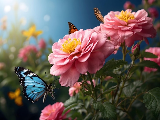 Foto prado de flores con mariposas primavera verano campo de flores hierba naturaleza