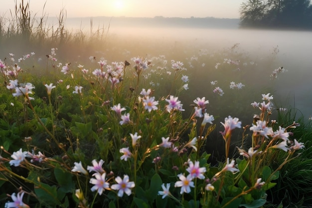 Prado de flores silvestres blancas en la niebla de la mañana