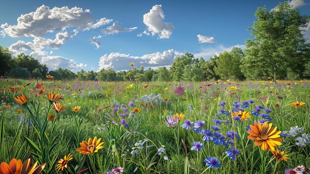 Foto prado de flores silvestres extenso con diversas plantas nativas que atraen a los polinizadores