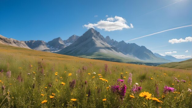 Prado de flores silvestres con un fondo de montaña cielo despejado