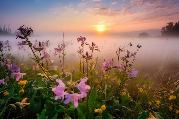 Prado de flores silvestres rosas en la niebla matutina