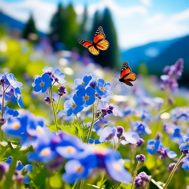 Prado con ForgetMeNots y mariposas