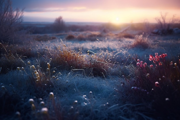 Prado helado al amanecer Hermoso paisaje de invierno Fondo de naturaleza