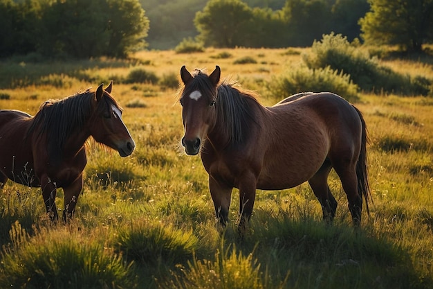 Prado iluminado por el sol con caballos salvajes vagabundos