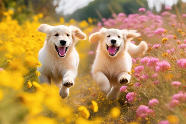 Foto un prado lleno de flores con dos perros blancos troteando a través de él