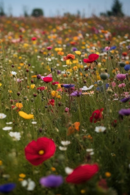 El prado de las mil flores Campo frondoso con abundantes flores silvestres en flor