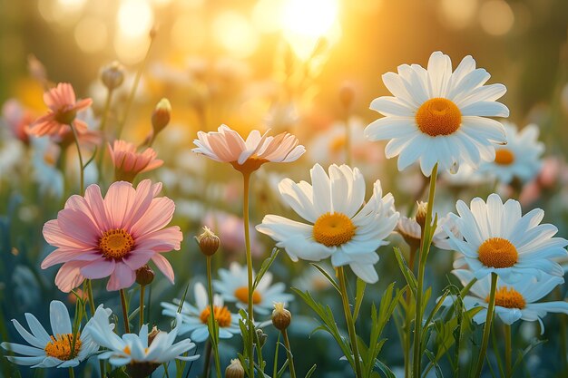 Foto prado con muchas flores de margarita de primavera blancas y rosas y diente de león amarillo en un día soleado