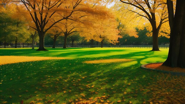 Prado de otoño en el parque de la ciudad sombra cálida de otoño hojas verdes amarillas rojas