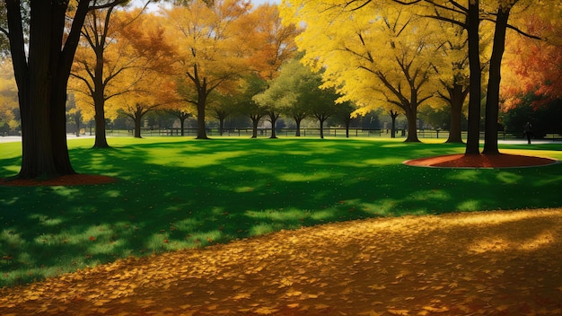 Prado de otoño en el parque de la ciudad sombra cálida de otoño hojas verdes amarillas rojas