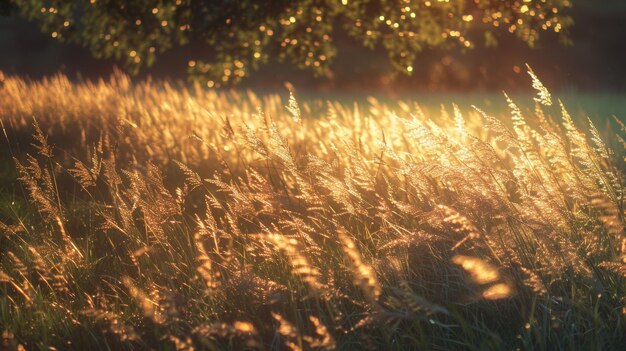 Un prado pacífico al anochecer los últimos rayos de luz solar creando una brillante exhibición de brillo