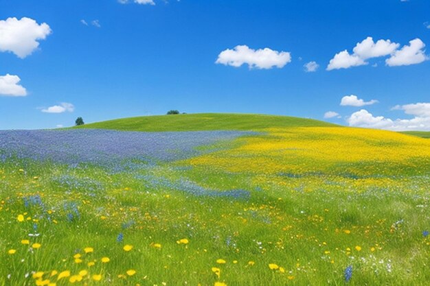 Un prado pacífico con coloridas flores silvestres y un fondo o papel tapiz de cielo azul claro