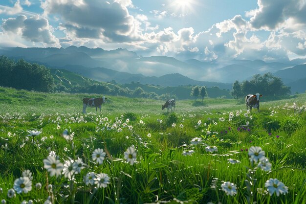 Un prado pacífico con vacas pastando