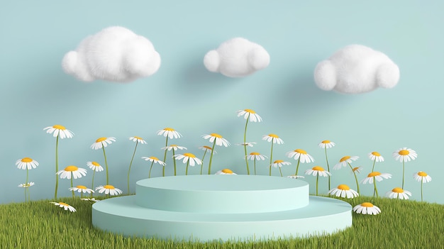 Un prado de primavera de ensueño con nubes y margaritas
