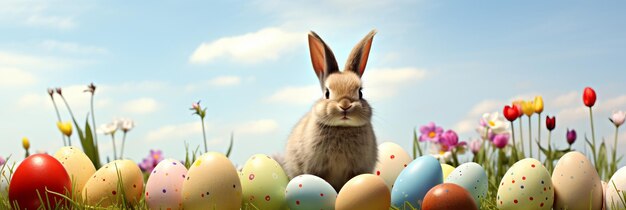 Prado de primavera con gotas de rocío de conejo y huevos de Pascua contra el fondo del cielo azul