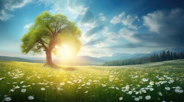 Prado de primavera lleno de margaritas rayos de sol y un solo árbol en el fondo