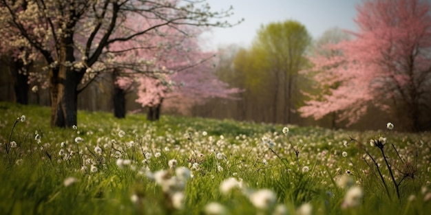 Prado de primavera verde sobre fondo de colores Fondo de color blanco Flores de primavera Naturaleza verde Fondo natural Paisaje de primavera verano