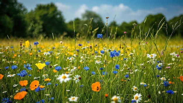 Un prado sereno lleno de flores silvestres y abejas zumbando una suave brisa susurrando la hierba