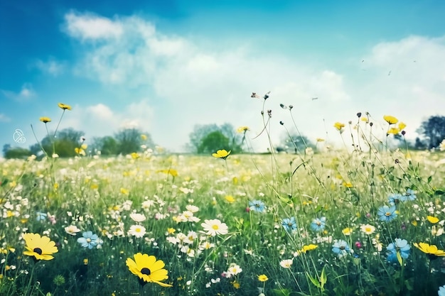 Prado soleado de primavera con flores Ilustración Generativa AI