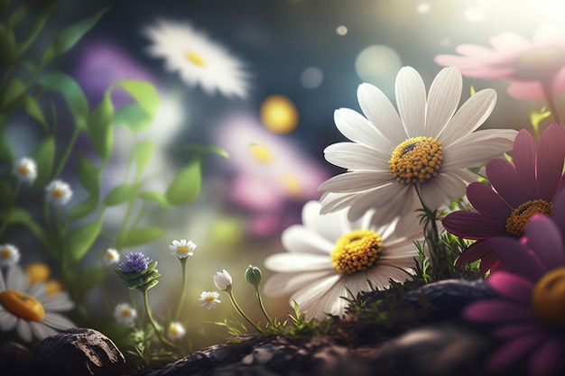Prado soleado de primavera con flores Ilustración Generativa AI
