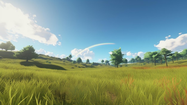 Foto un prado tranquilo con un arco iris en la distancia.