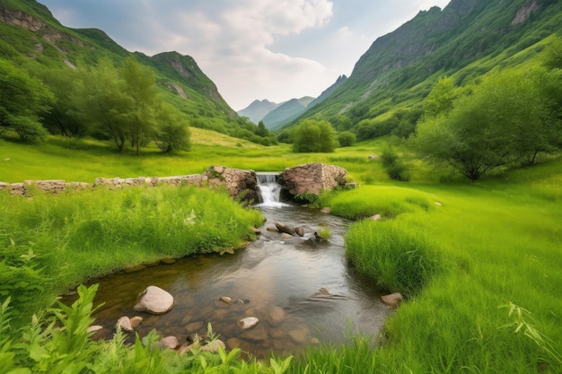 Prado tranquilo con arroyo y cascada rodeado de montañas creadas con ai generativo