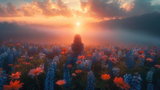 Un prado tranquilo bañado en el suave resplandor del amanecer con flores silvestres asomando a través de la niebla matinal