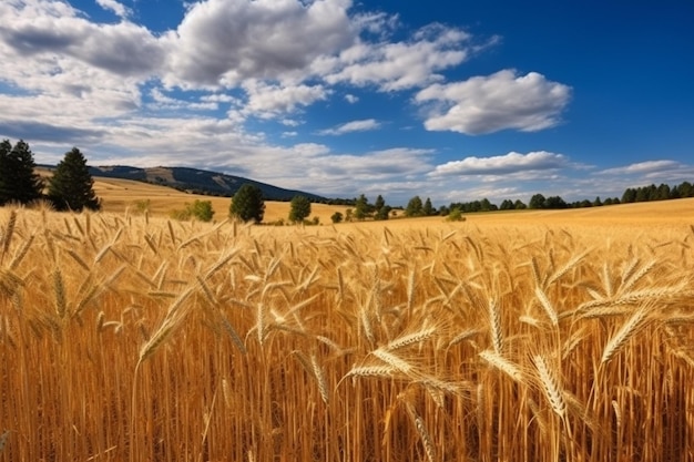 prado de trigo y cielo azul nublado