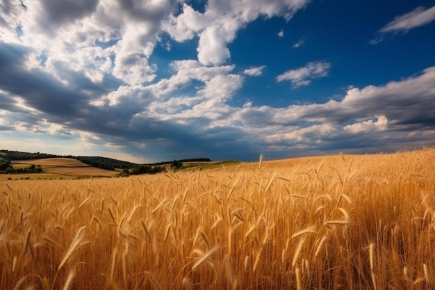 prado de trigo y cielo azul nublado