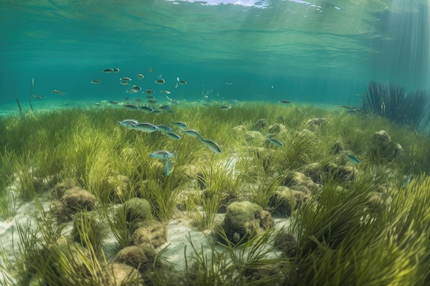 Prado tropical de ervas marinhas com peixes e criaturas subaquáticas visíveis criados com geração de ai