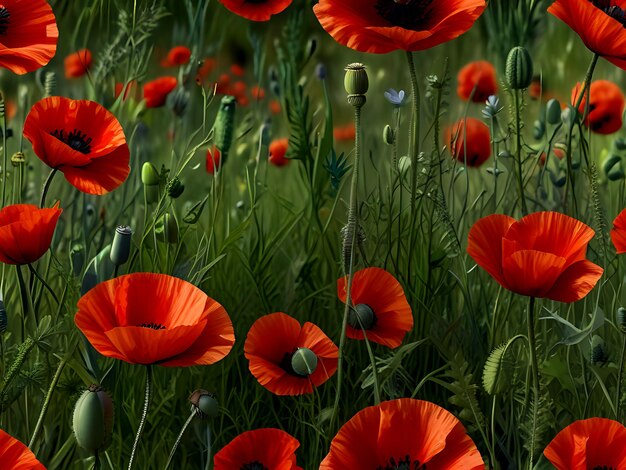 Foto un prado de verano florece con vibrantes amapolas rojas