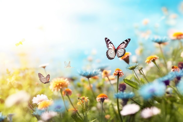 Prado de verano con flores y mariposas Naturaleza fondo 3d render